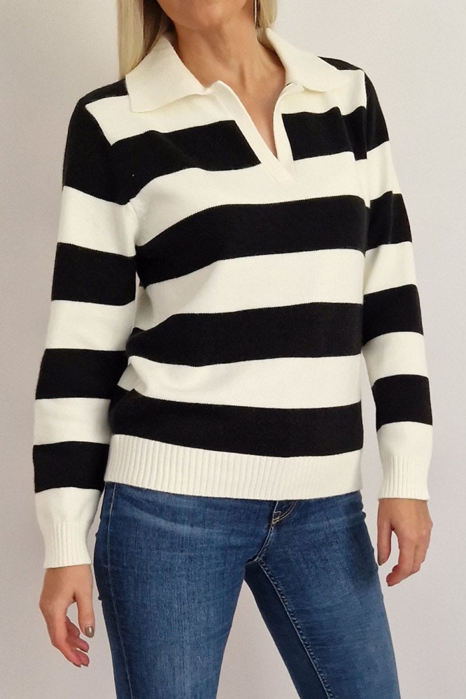 Sweter Lilibet z kołnierzykiem polo w paski czarno-białe