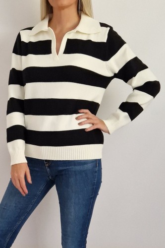 Sweter Lilibet z kołnierzykiem polo w paski czarno-białe