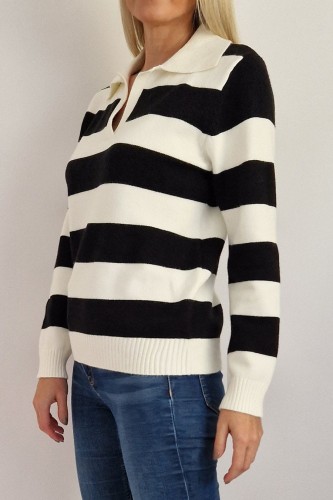 Sweter Lilibet z kołnierzykiem polo w paski czarno-białe
