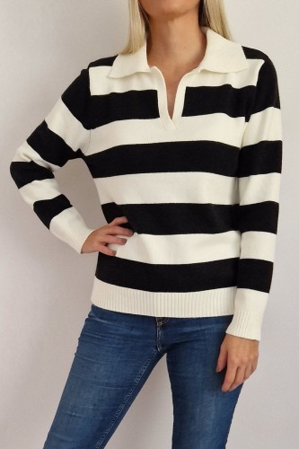 Sweter Lilibet z kołnierzykiem polo w paski czarno-białe
