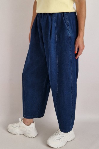 Spodnie jeansowe Bee typu baggy jeans z gumą w pasie ciemny niebieski