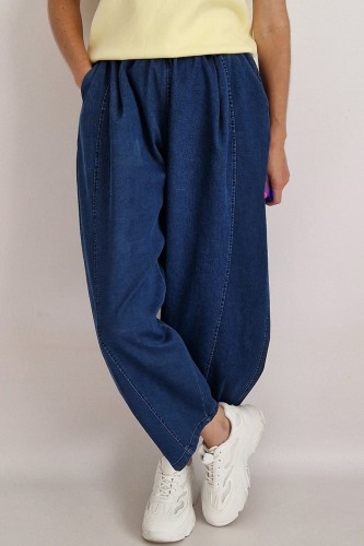 Spodnie jeansowe Bee typu baggy jeans z gumą w pasie ciemny niebieski