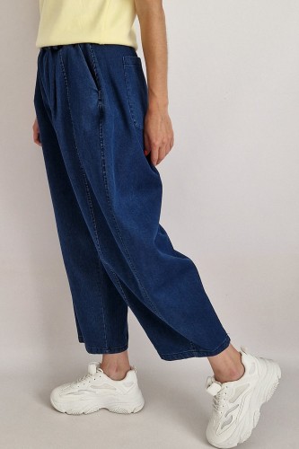 Spodnie jeansowe Bee typu baggy jeans z gumą w pasie ciemny niebieski