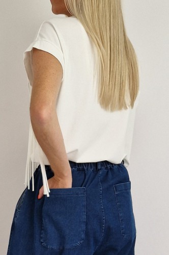 Bawełniany t-shirt Lusi z frędzlami biały