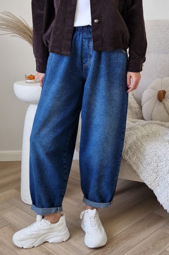 Spodnie jeansowe Sun typu baggy jeans z gumą w pasie niebieskie