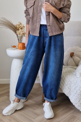 Spodnie jeansowe Sun typu baggy jeans z gumą w pasie niebieskie