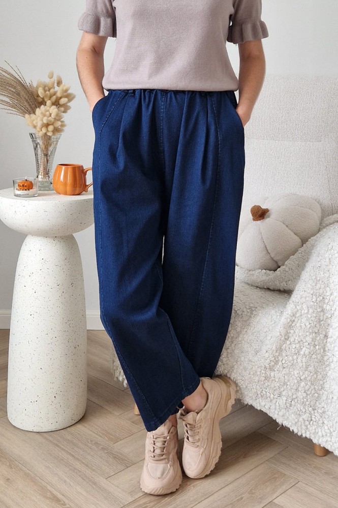 Spodnie jeansowe Bee typu baggy jeans z gumą w pasie ciemny niebieski