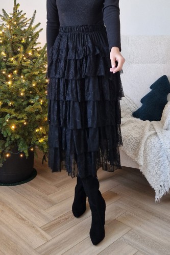 Spódnica koronkowa Everly z falbanami i z gumą w pasie czarna
