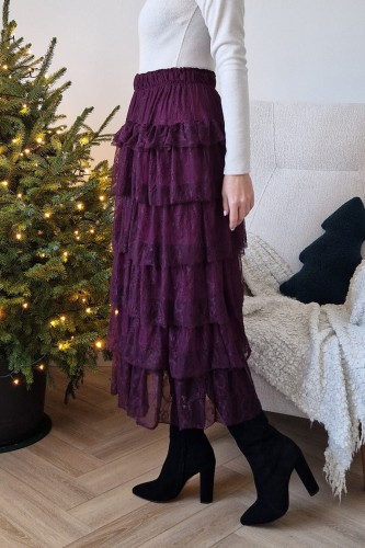 Spódnica koronkowa Everly z falbanami i z gumą w pasie śliwkowa