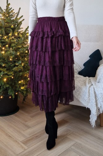 Spódnica koronkowa Everly z falbanami i z gumą w pasie śliwkowa