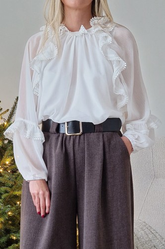 Bluzka Elli oversize z falbanami i koronką biała