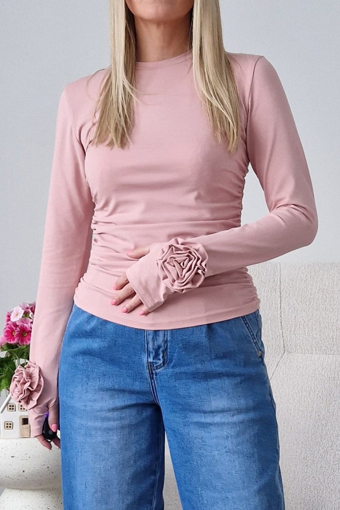 Bawełniana bluzka Rosalia z różą 3D na pastelowy róż
