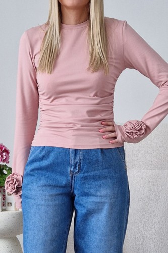 Bawełniana bluzka Rosalia z różą 3D na pastelowy róż