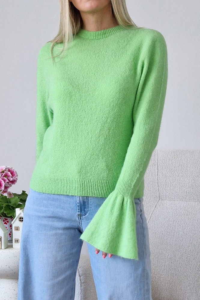 Sweter Bellis z baby alpaką z rozkoszowanymi rękawami typu dzwonek pistacjowy