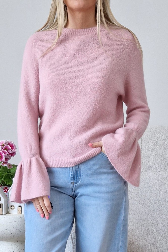Sweter Bellis z baby alpaką z rozkloszowanymi rękawami typu dzwonek pastelowy róż