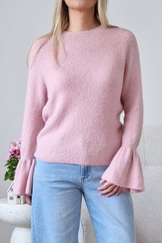 Sweter Bellis z baby alpaką z rozkloszowanymi rękawami typu dzwonek pastelowy róż