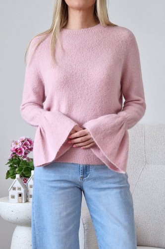 Sweter Bellis z baby alpaką z rozkloszowanymi rękawami typu dzwonek pastelowy róż