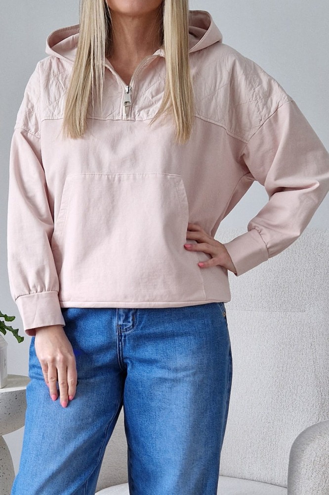 Bawełniana bluza Viki z kapturem kangurka pastelowy róż