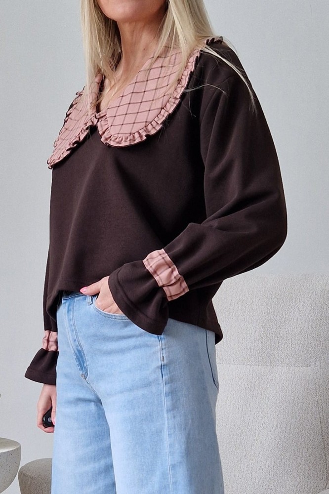 Bawełniana bluza Ginger z kołnierzem w kratkę czekoladowa