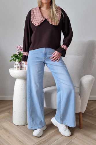 Bawełniana bluza Ginger z kołnierzem w kratkę czekoladowa