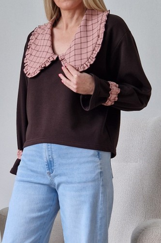 Bawełniana bluza Ginger z kołnierzem w kratkę czekoladowa