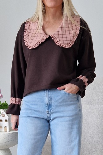 Bawełniana bluza Ginger z kołnierzem w kratkę czekoladowa