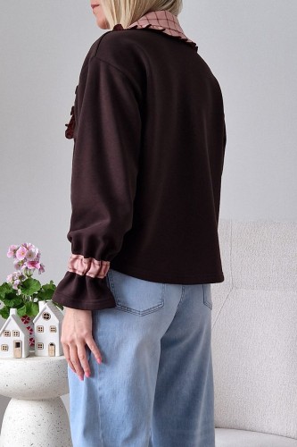 Bawełniana bluza Ginger z kołnierzem w kratkę czekoladowa