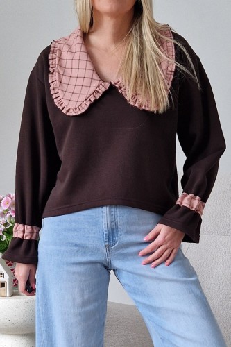 Bawełniana bluza Ginger z kołnierzem w kratkę czekoladowa