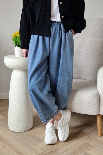 Spodnie jeansowe Lea 3.0 typu baggy jeans z gumą w pasie jasny niebieski