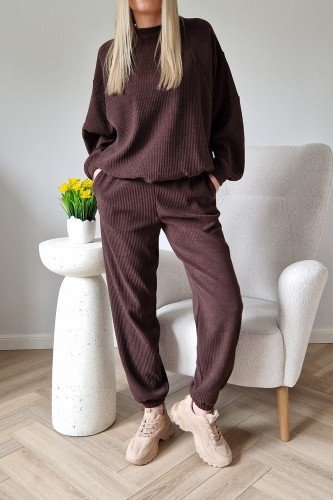 Komplet dresowy Slow prążkowany bluza + spodnie czekoladowy