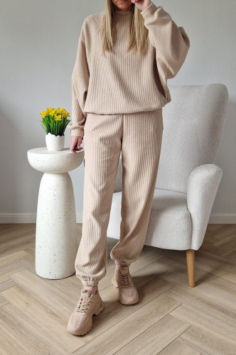 Komplet dresowy Slow prążkowany bluza + spodnie beżowy
