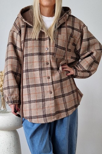 Kurtka Kira oversize z kapturem w kratę beżowa