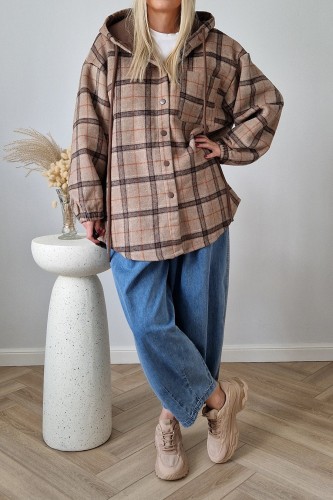 Kurtka Kira oversize z kapturem w kratę beżowa