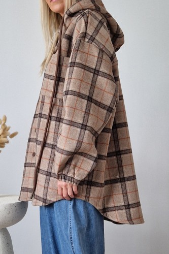 Kurtka Kira oversize z kapturem w kratę beżowa