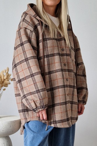 Kurtka Kira oversize z kapturem w kratę beżowa