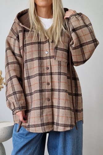 Kurtka Kira oversize z kapturem w kratę beżowa