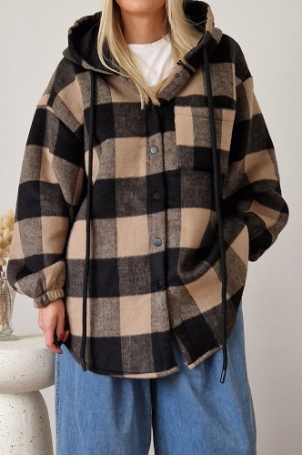 Kurtka Kira oversize z kapturem w kratę beżowo-czarna