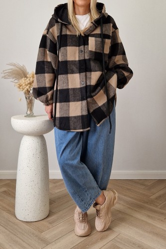 Kurtka Kira oversize z kapturem w kratę beżowo-czarna
