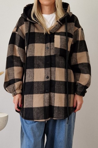 Kurtka Kira oversize z kapturem w kratę beżowo-czarna