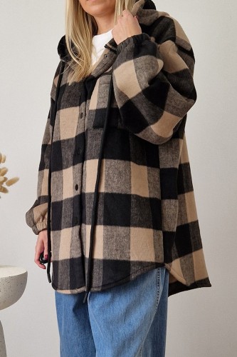 Kurtka Kira oversize z kapturem w kratę beżowo-czarna