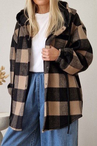Kurtka Kira oversize z kapturem w kratę beżowo-czarna
