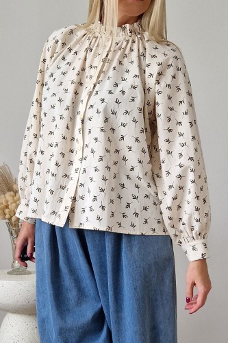 Bawełniana bluzka Olive oversize we wzór gałązek oliwnych i oliwek