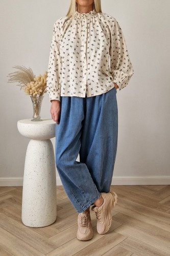 Bawełniana bluzka Olive oversize we wzór gałązek oliwnych i oliwek