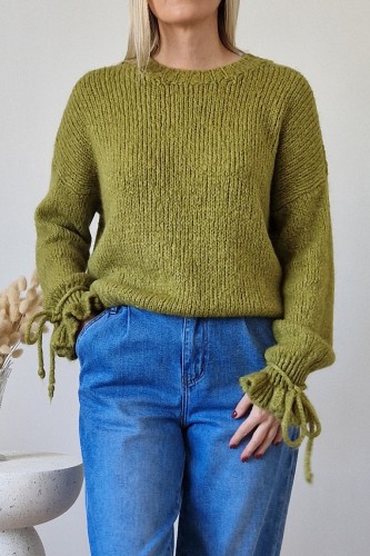 Sweter Lolly z moherem i wełną i z rękawami z falbanką oliwkowy