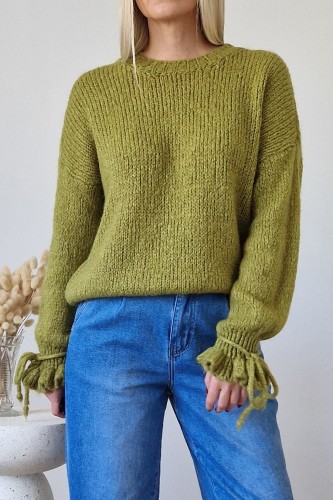 Sweter Lolly z moherem i wełną i z rękawami z falbanką oliwkowy