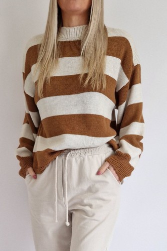 Sweter Lily w paski beżowo-białe