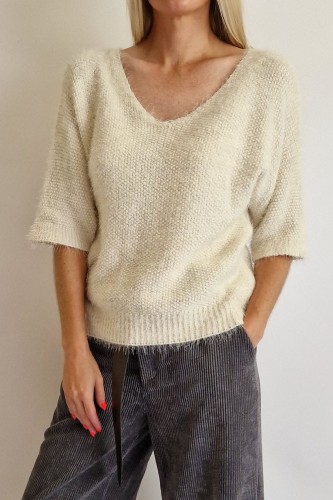 Sweter Wendy z krótkim rękawem śmietanowy