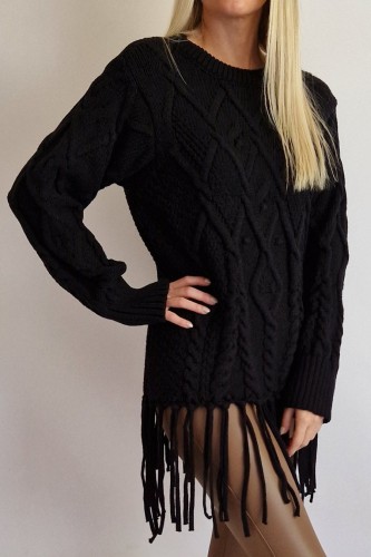 Sweter Sally w plecione wzory z frędzlami czarny